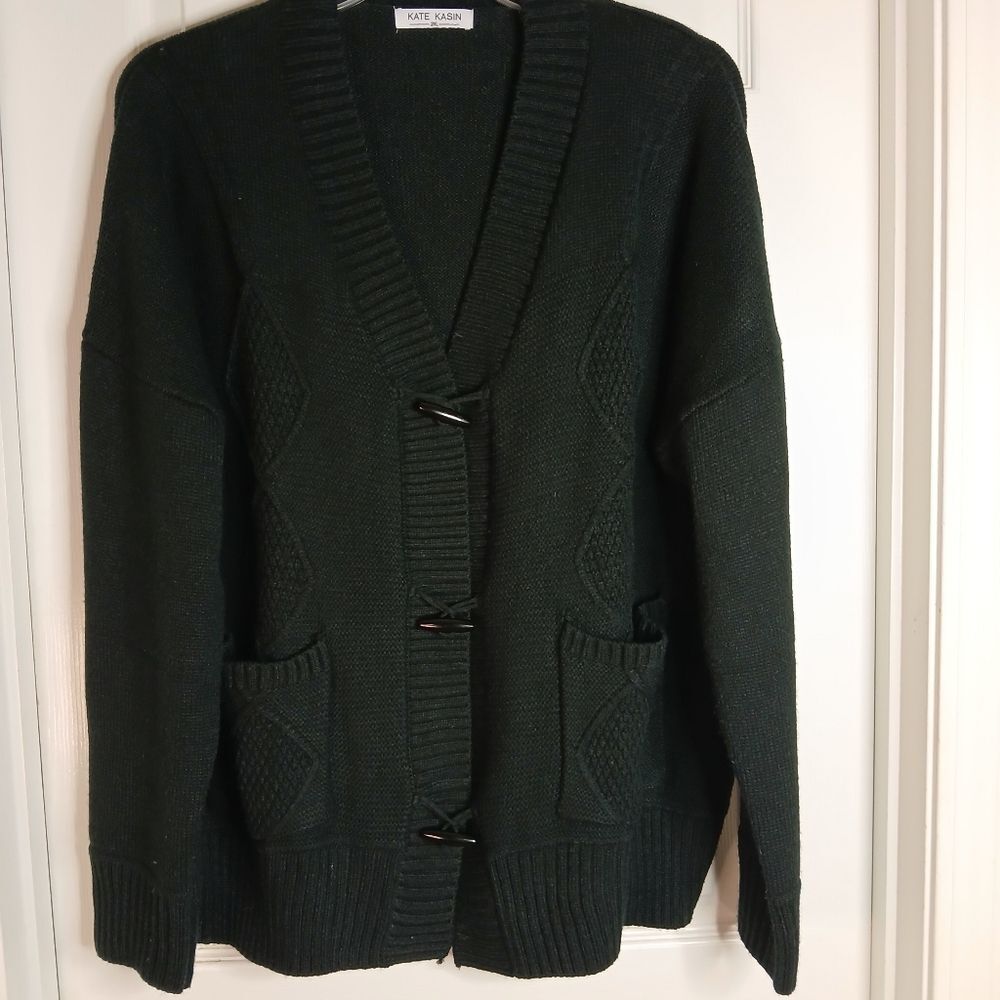Vintage Kate Kasin Black Toggle Sweater Diamond Pattern Size 2XL